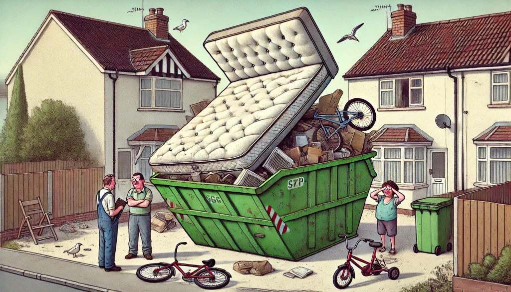 A suburban street with a large skip sitting in a driveway. The skip is filled with random junk and a huge mattress is balanced on top.