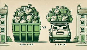 An image of a skip next to an overloaded car with rubbish on the roof rack.